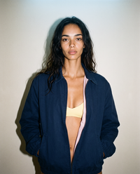 thirdofthefifth Evan Jacket, navy blue zip-up jacket with blush pink cotton lining. unisex male female casual jacket. Australian fashion streetwear