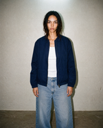 thirdofthefifth Evan Jacket, navy blue zip-up jacket with blush pink cotton lining. unisex male female casual jacket. Australian fashion streetwear