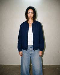 thirdofthefifth Evan Jacket, navy blue zip-up jacket with blush pink cotton lining. unisex male female casual jacket. Australian fashion streetwear