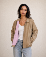 thirdofthefifth Evan Jacket, oatmeal, camel, dark beige zip-up jacket with blush pink cotton lining. unisex male female casual jacket. Australian fashion streetwear
