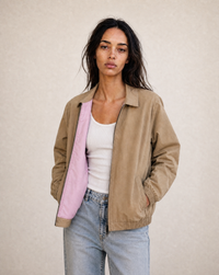 thirdofthefifth Evan Jacket, oatmeal, camel, dark beige zip-up jacket with blush pink cotton lining. unisex male female casual jacket. Australian fashion streetwear