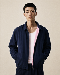 thirdofthefifth Evan Jacket, navy blue zip-up jacket with blush pink cotton lining. unisex 