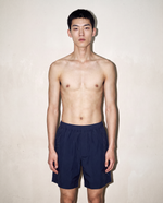 thirdofthefifth navy flat front shorts. cotton stretch comfortable. elastic waistband. unisex australian streetwear fashion