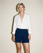 thirdofthefifth navy flat front shorts. cotton stretch comfortable. elastic waistband. unisex australian streetwear fashion