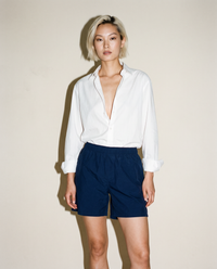 thirdofthefifth navy flat front shorts. cotton stretch comfortable. elastic waistband. unisex australian streetwear fashion